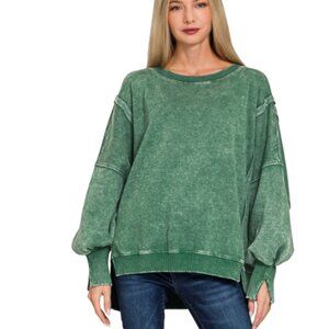 Dark Green Acid Washed Hi-Low Fleece Sweatshirt